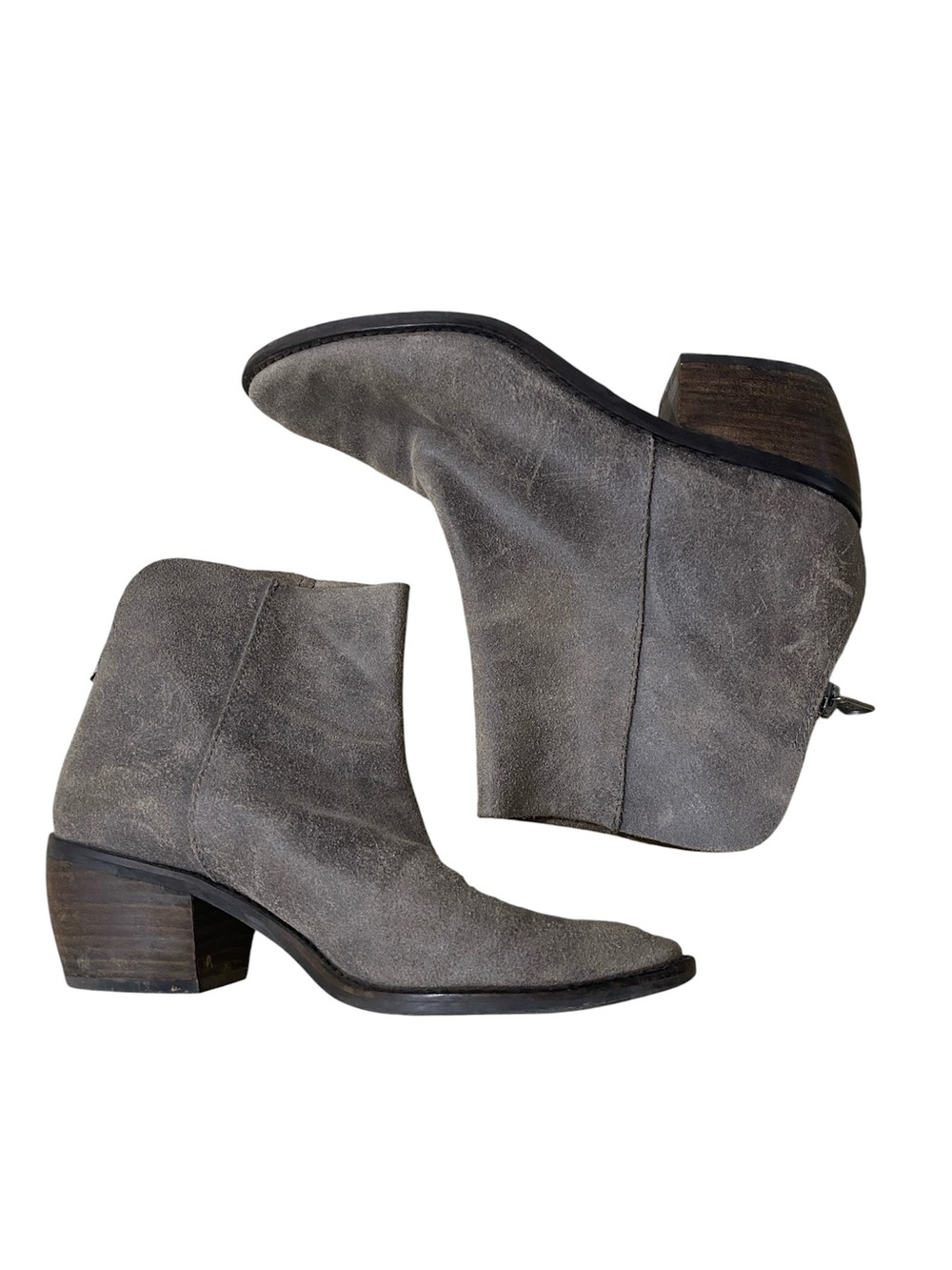 Lucky Brand Kaiya Suede Leather Ankle Booties Grey Back Zip Stacked Block Heel 8
